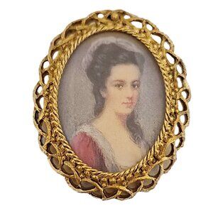 Florenza Gold Tone Cameo Print Lady's Portrait Brooch Pendant, Signed K565